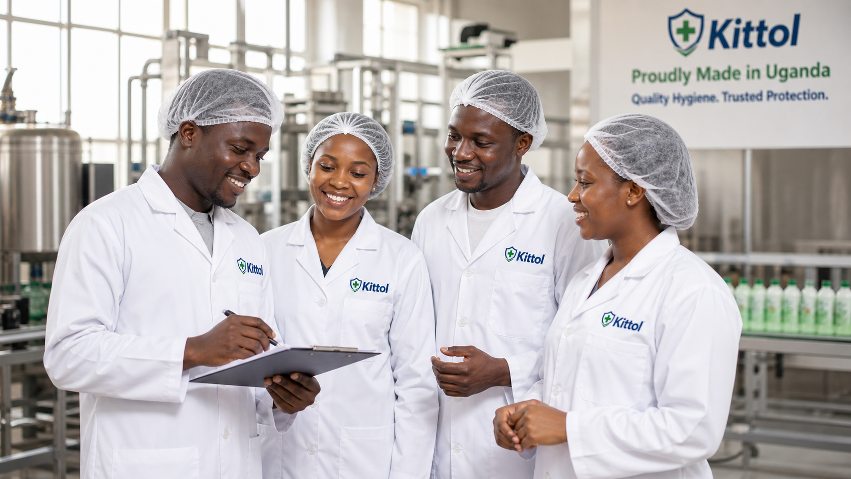 BAKO team members in lab coats working together at the manufacturing facility in Kampala
