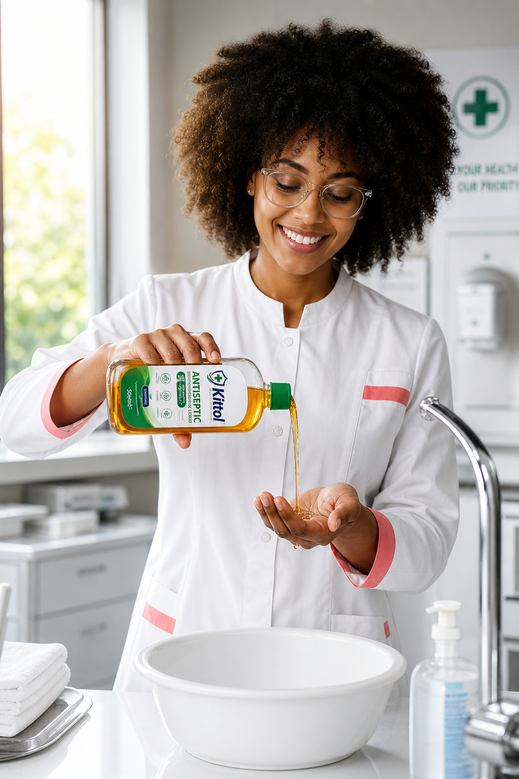 Healthcare professional using Kittol antiseptic disinfectant for hand hygiene